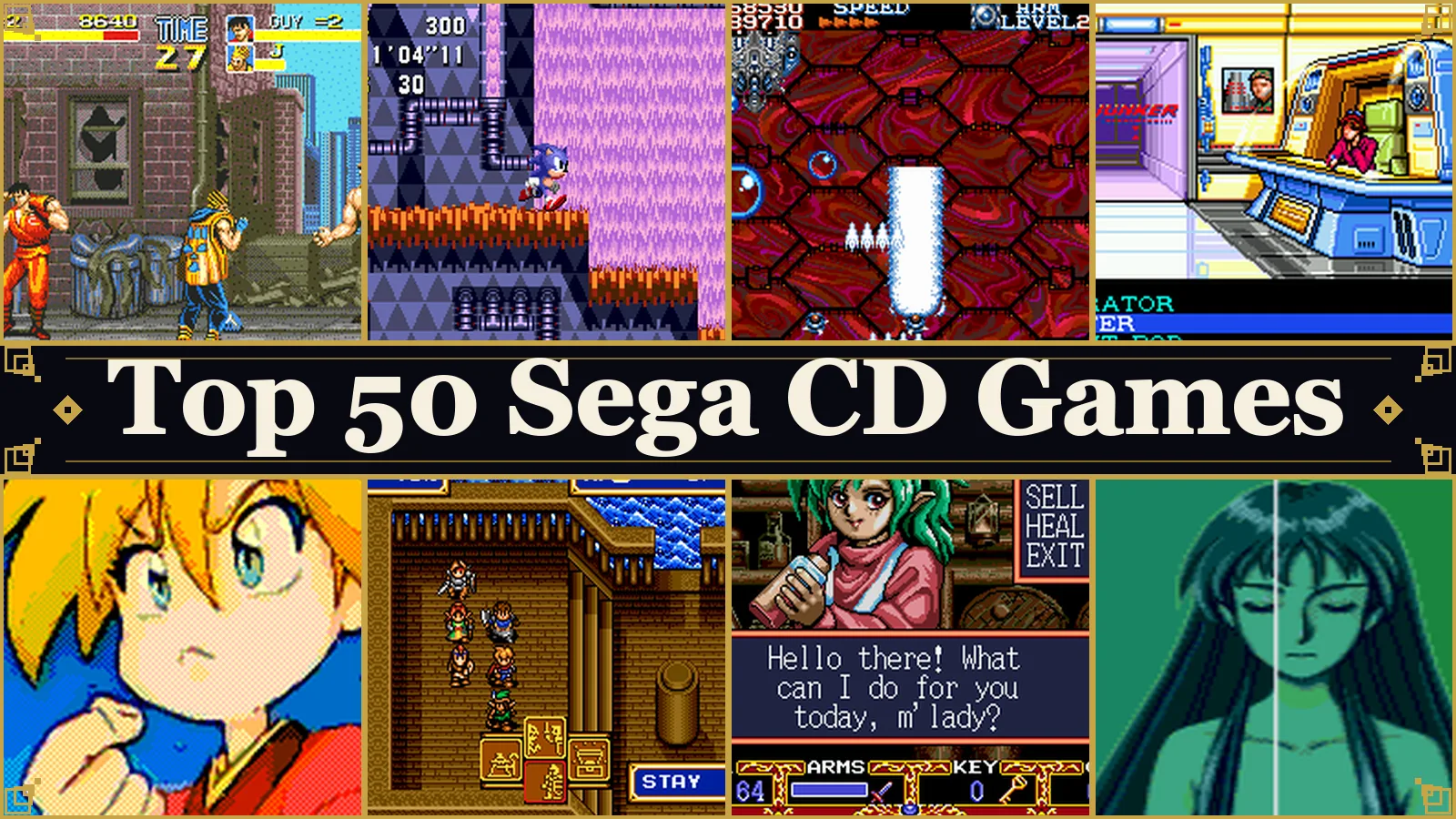 Eight original Sega CD gameplay screenshots around the title Top 50 Sega CD Games