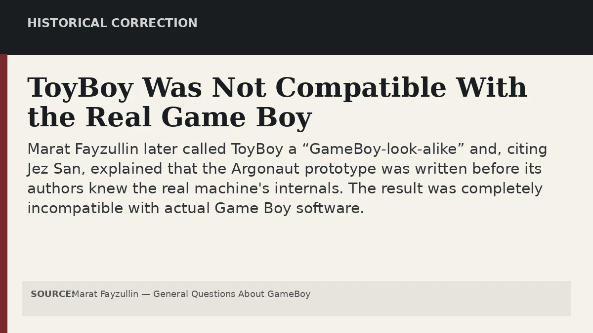 Research graphic explaining that ToyBoy was a Game Boy look-alike rather than a compatible retail Game Boy emulator