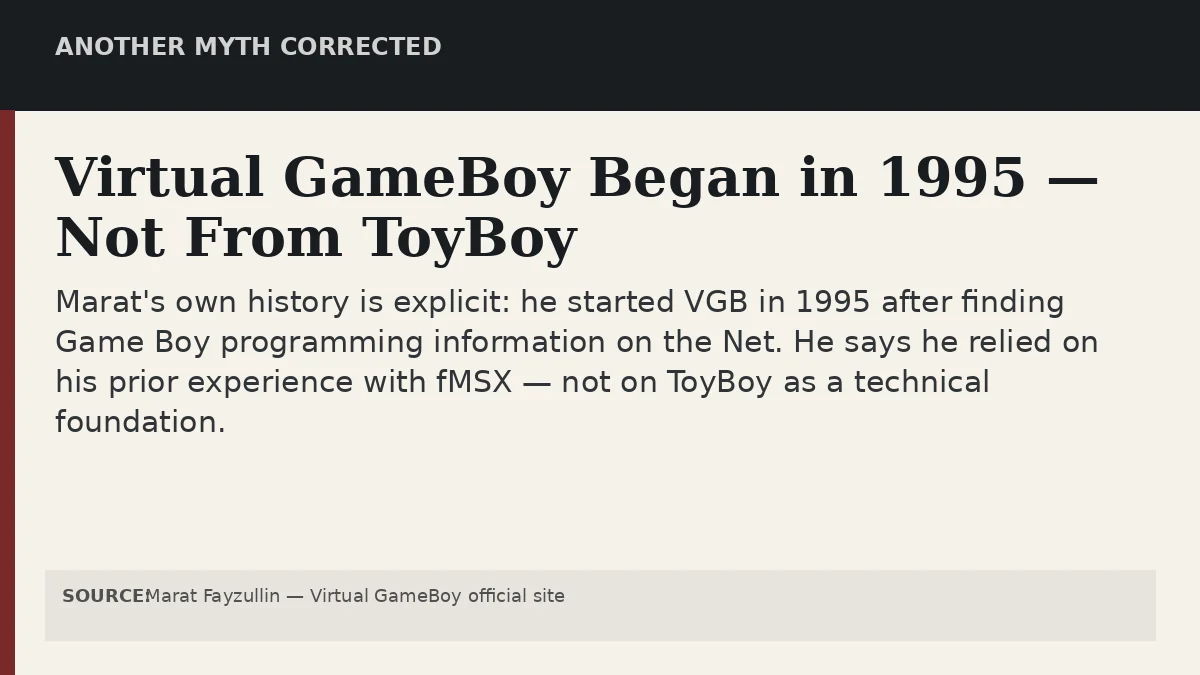 Research graphic explaining the documented 1995 origin of Virtual GameBoy