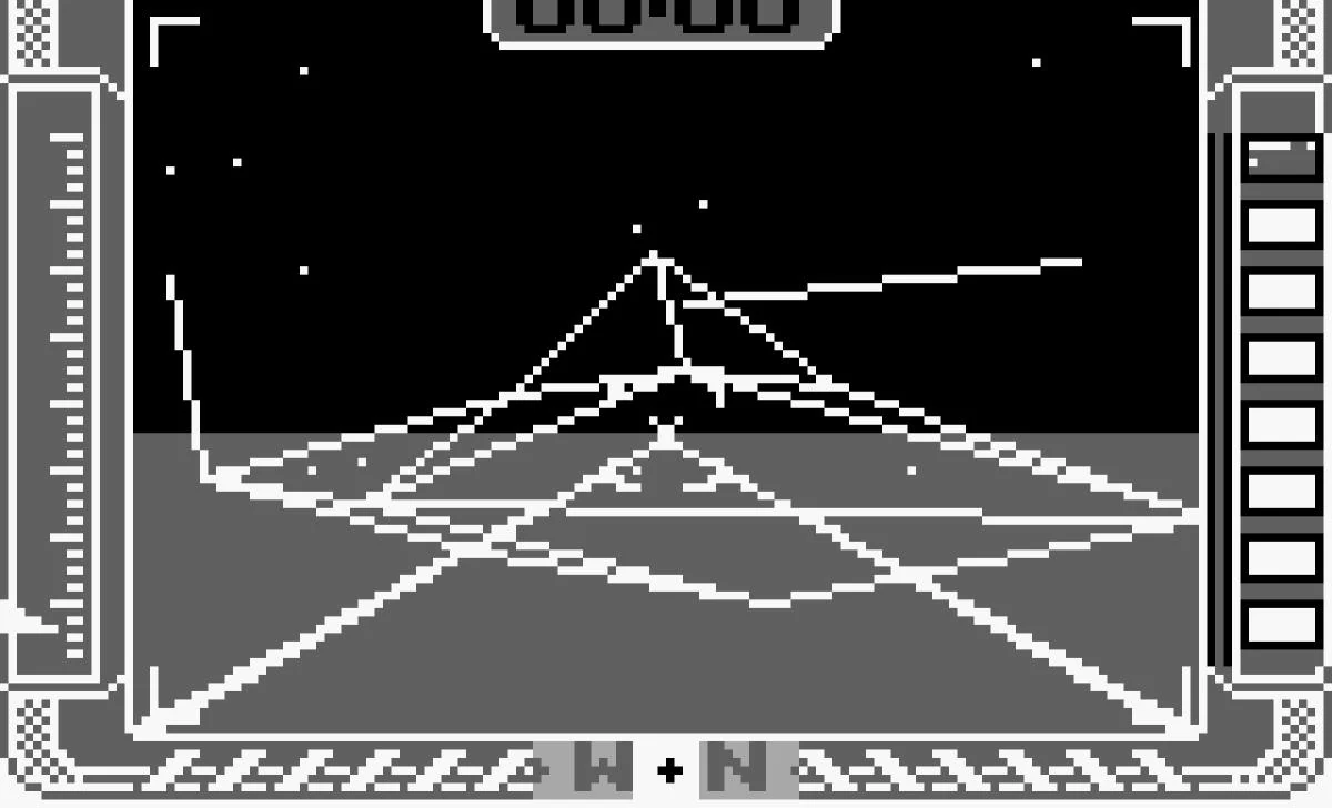 Gameplay from X on Game Boy showing a wireframe 3D landscape