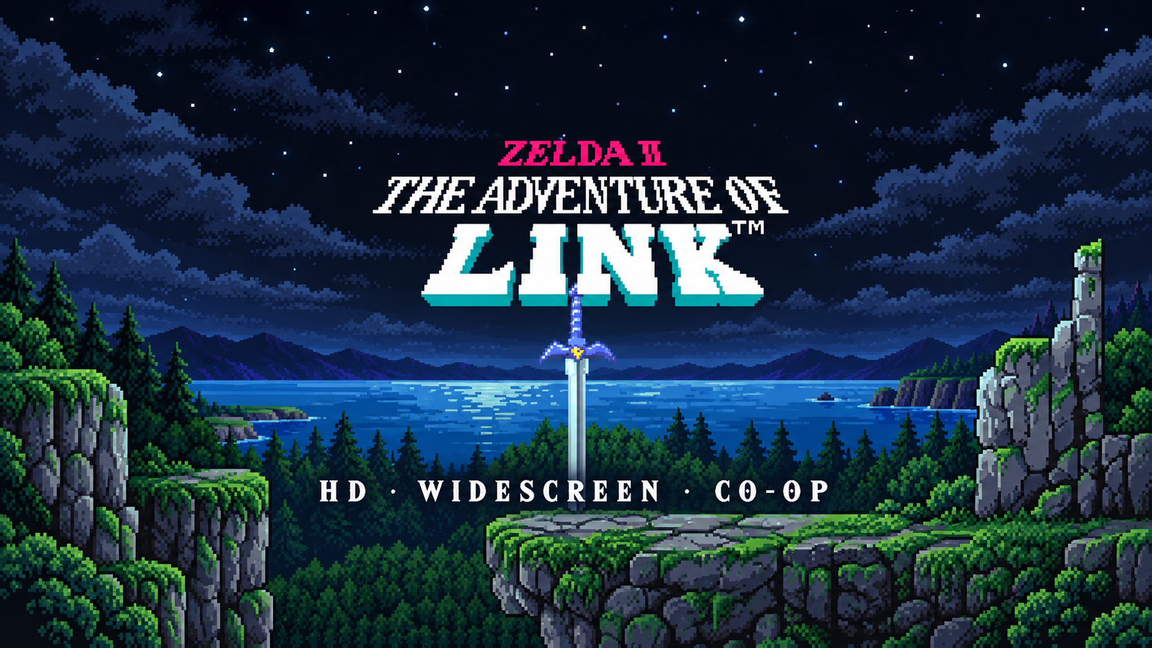 Widescreen pixel art title image for Zelda II featuring the logo, sword, night sky, lake, forest and cliffs