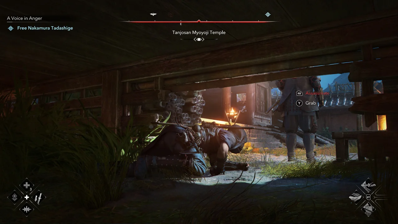 Assassin's Creed Shadows gameplay showing a sword fight in a Japanese compound
