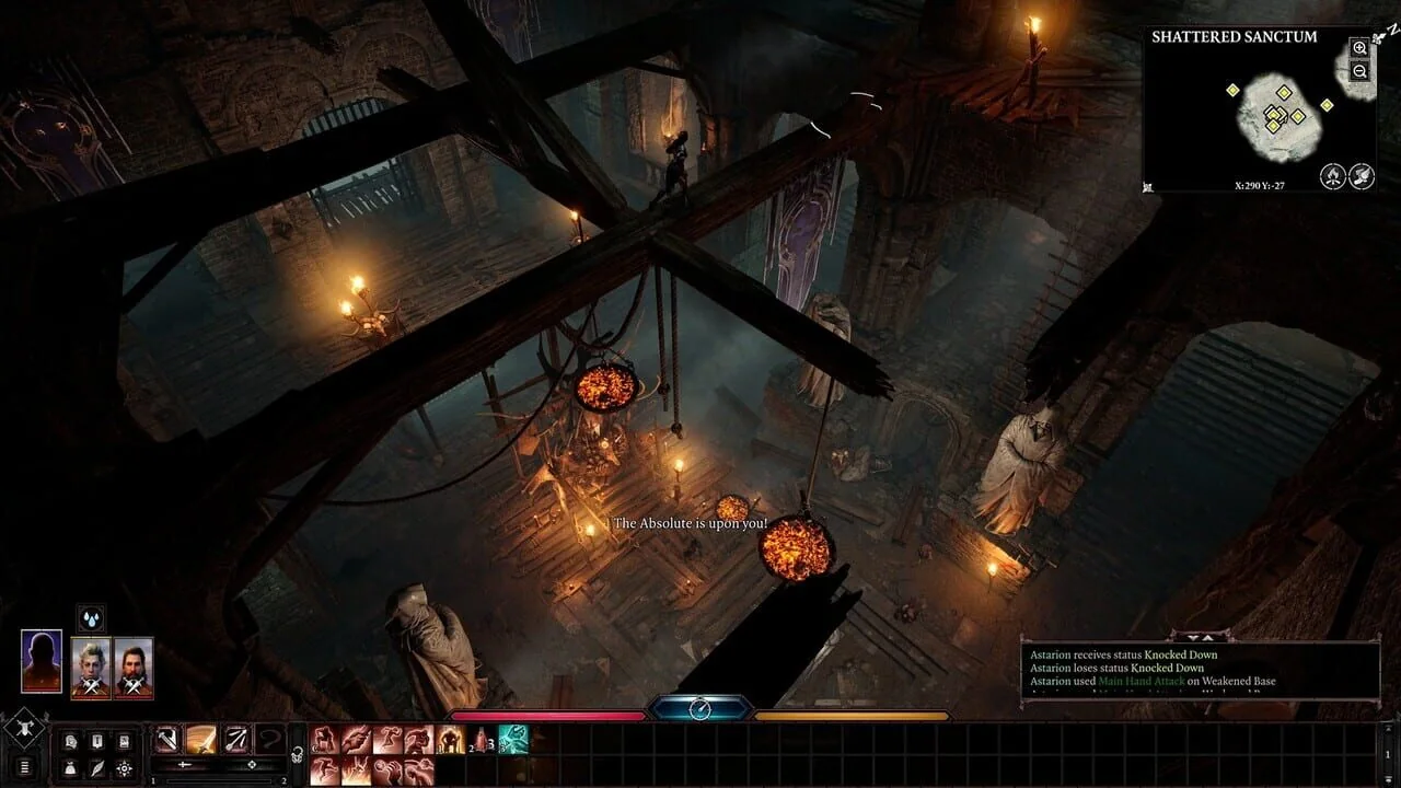 Baldur's Gate III gameplay showing an adventuring party in a dimly lit interior