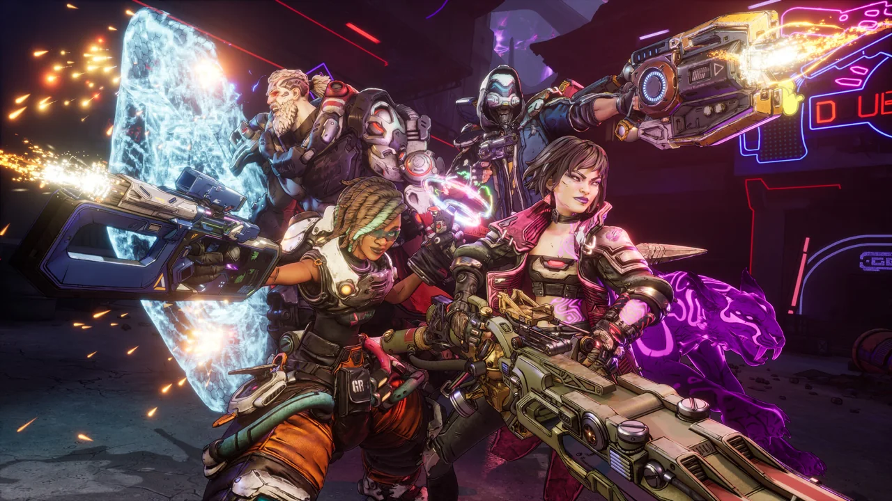 Borderlands 4 Vault Hunters display futuristic weapons in colorful promotional artwork