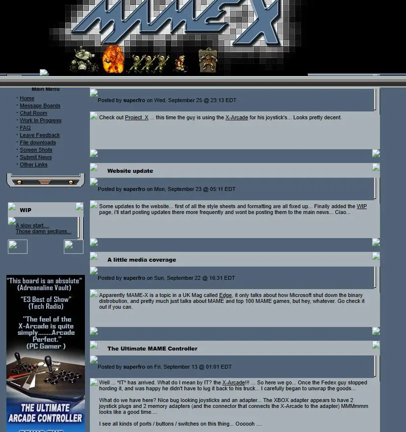 MAME-X website with news posted by SuperFro and an X-Arcade controller feature