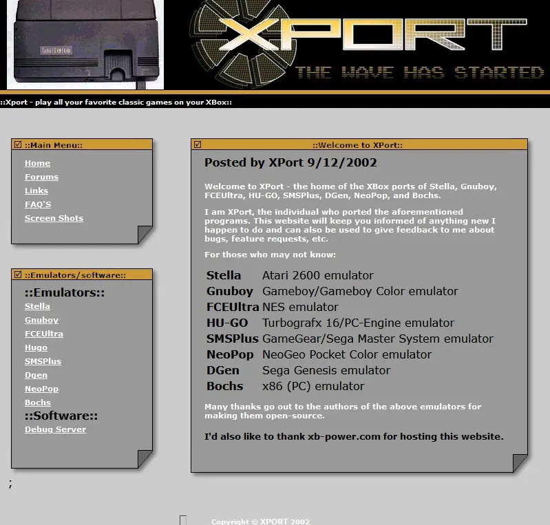 XPort’s September 12, 2002 homepage listing Xbox emulator ports and thanking xb-power.com for hosting