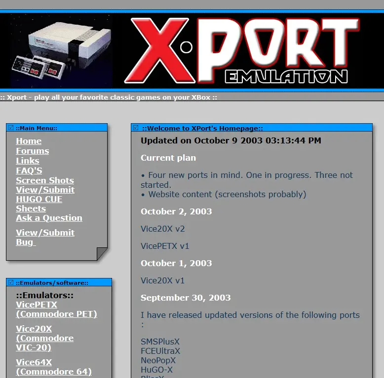 XPort Emulation homepage with October 2003 updates for Commodore and console emulators