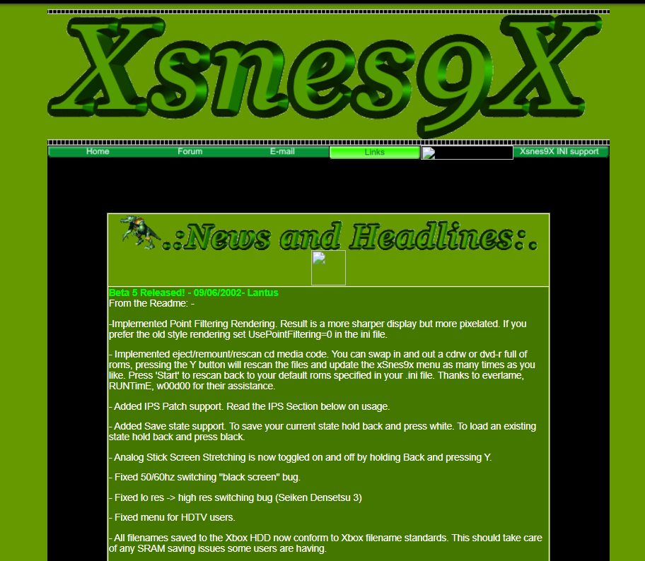 Green xSnes9x website showing Lantus’s 2002 Beta 5 release notes