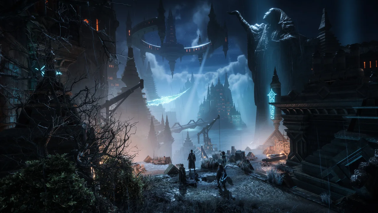 Dragon Age The Veilguard adventurers face a looming fortress in a dark fantasy landscape