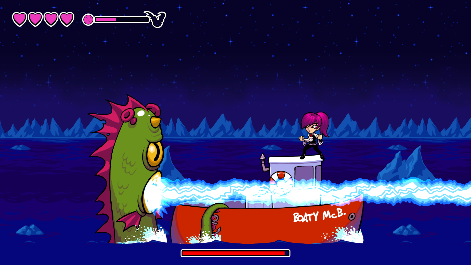 Intrepid Izzy boat boss battle with a beam crossing the screen