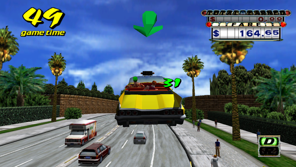 Yellow Crazy Taxi cab jumping above traffic in redream