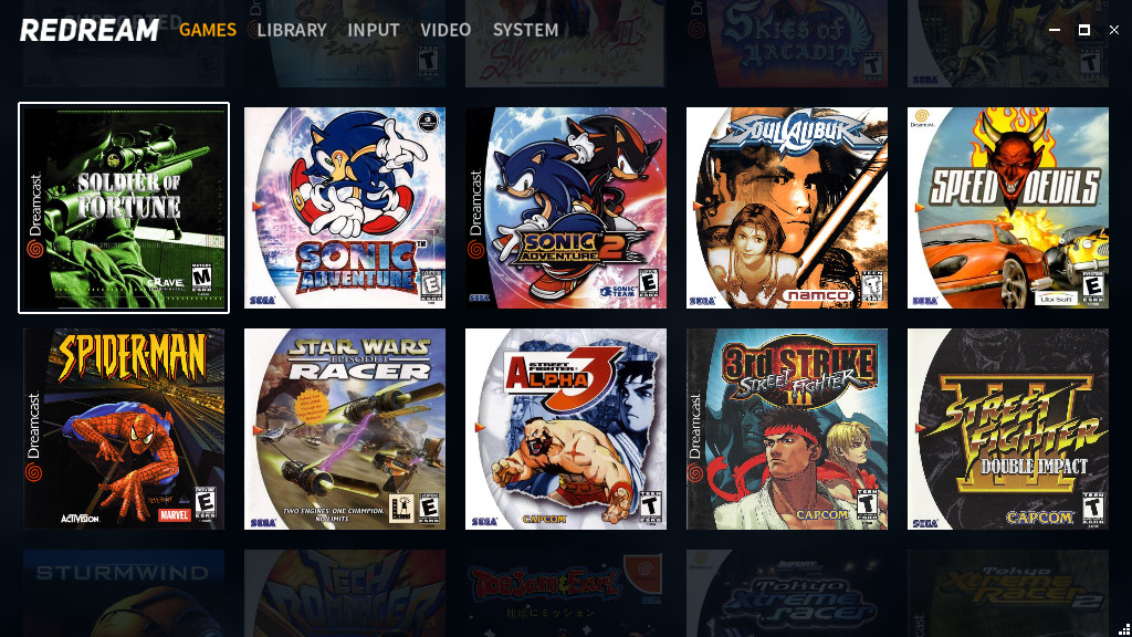 redream library showing rows of Dreamcast game covers