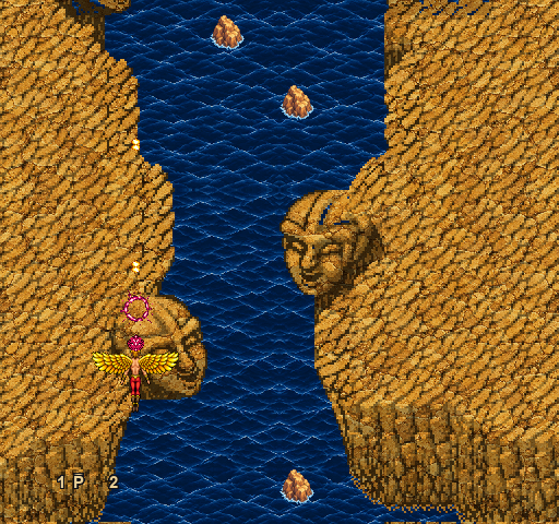 Winged hero flying above blue water between golden cliffs