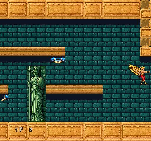 Winged hero, green stone statue and ledges in the remastered temple