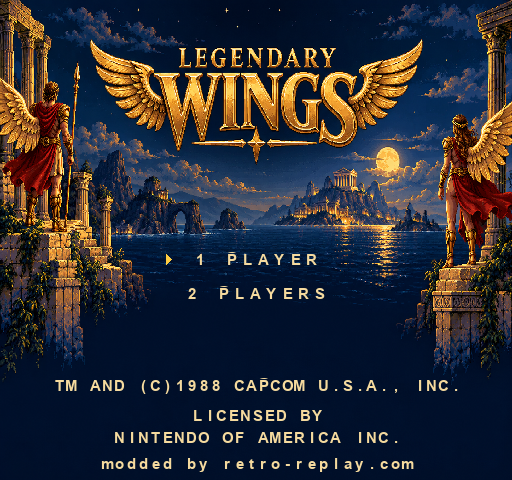 Legendary Wings PC remastered title screen with one-player and two-player options