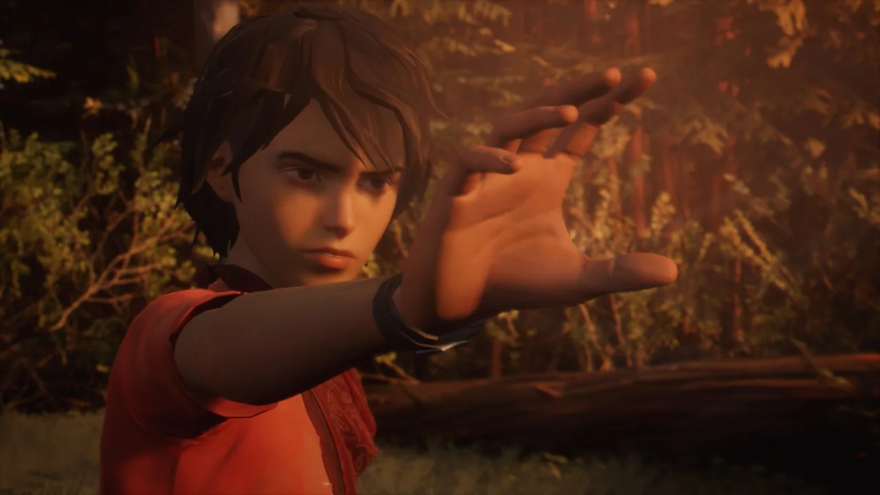 Daniel Diaz raises his hand in a wooded scene in Life Is Strange 2