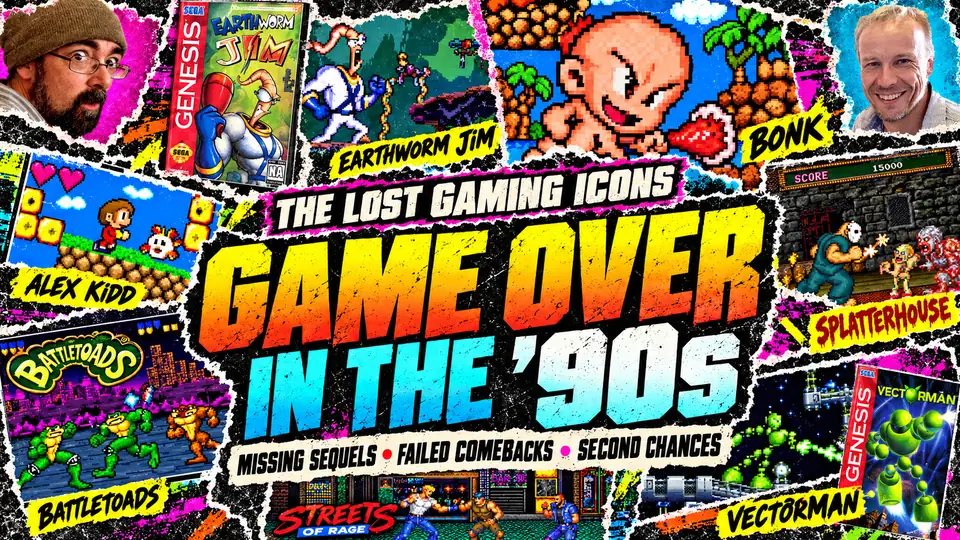 Game Over in the 90s editorial cover featuring real Earthworm Jim, Bonk, Battletoads, Vectorman and Alex Kidd imagery and developer photographs