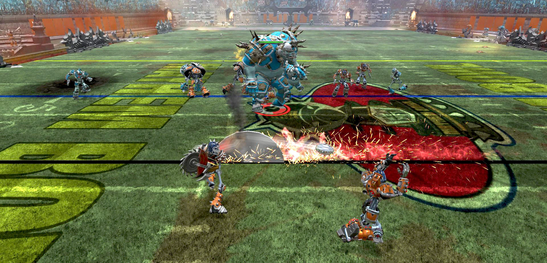 Mutant Football League gameplay with armored players and a giant character on a football field