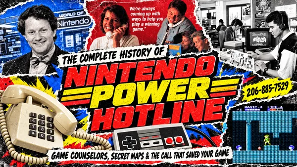 Nintendo Power Hotline history collage with Howard Phillips, actual hotline counselor photos, Zelda II imagery, a corded telephone and historic 206-885-7529 number
