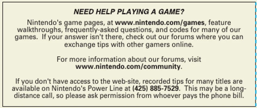 Nintendo Nintendogs 2005 manual recommends website forums and recorded Power Line tips for players without web access