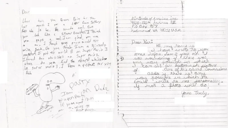 Handwritten fan letter thanking Nintendo for game advice with small drawings