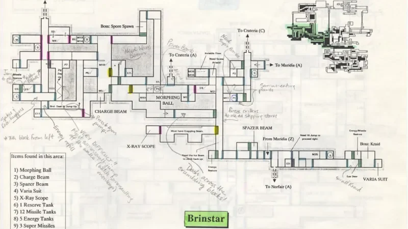 Nintendo counselor map of Super Metroid Brinstar with handwritten annotations