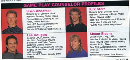 Nintendo Power profile page showing Kirk Starr at upper right alongside three other game counselors