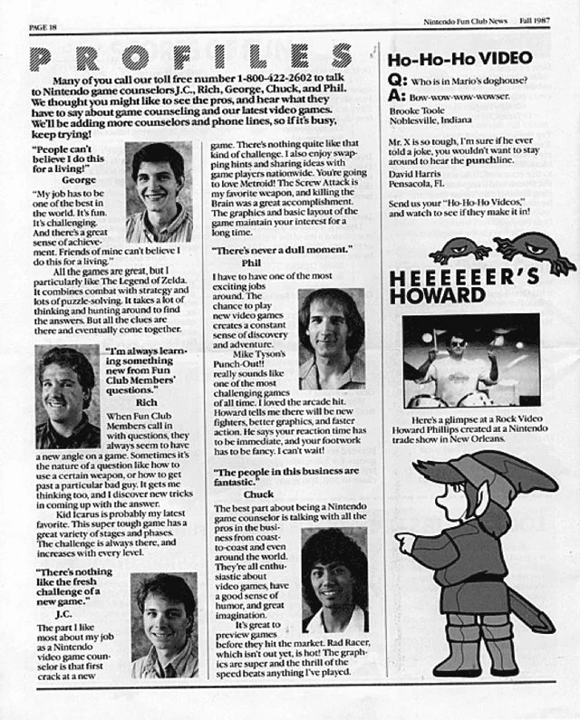 Fall 1987 Nintendo Fun Club News page showing five game counselor portraits and toll free number 1-800-422-2602