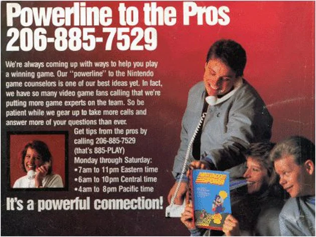 Period red Nintendo Powerline to the Pros advertisement showing 206-885-7529 and a family using a telephone