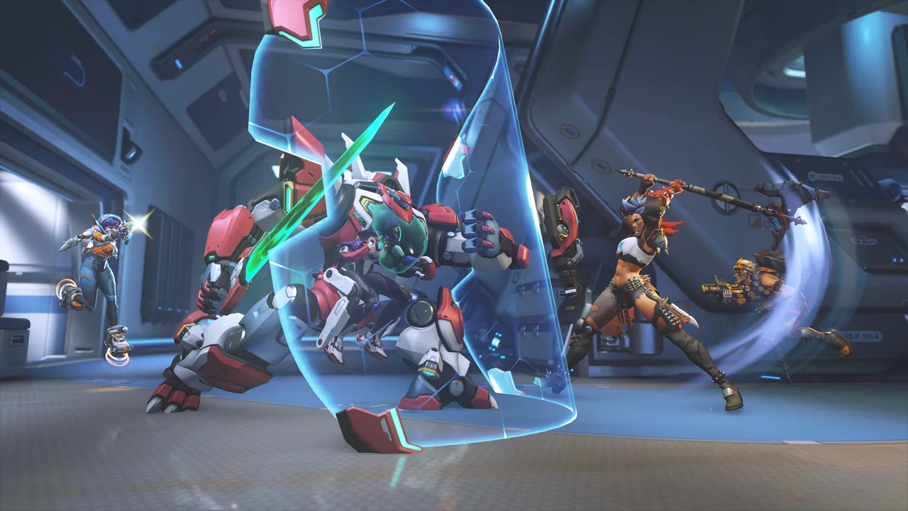 Overwatch 2 heroes pose together in a futuristic environment