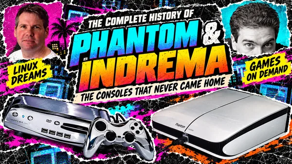 Retro collage featuring the chrome Indrema L600, white Phantom prototype, John Gildred and Kevin Bachus beneath Phantom and Indrema headline