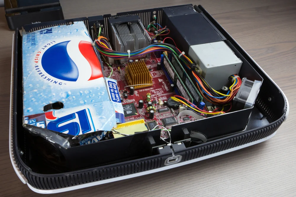 Open Phantom prototype with PC parts and Pepsi carton airflow duct