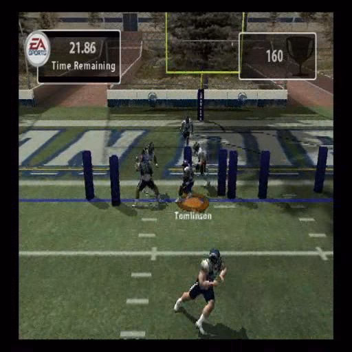 Madden NFL 2005: One of the game modes is Mini Camp, a series of exercises that improve a gamer's on-field management. Here the player is trying to follow their blockers to gain maximum yardage