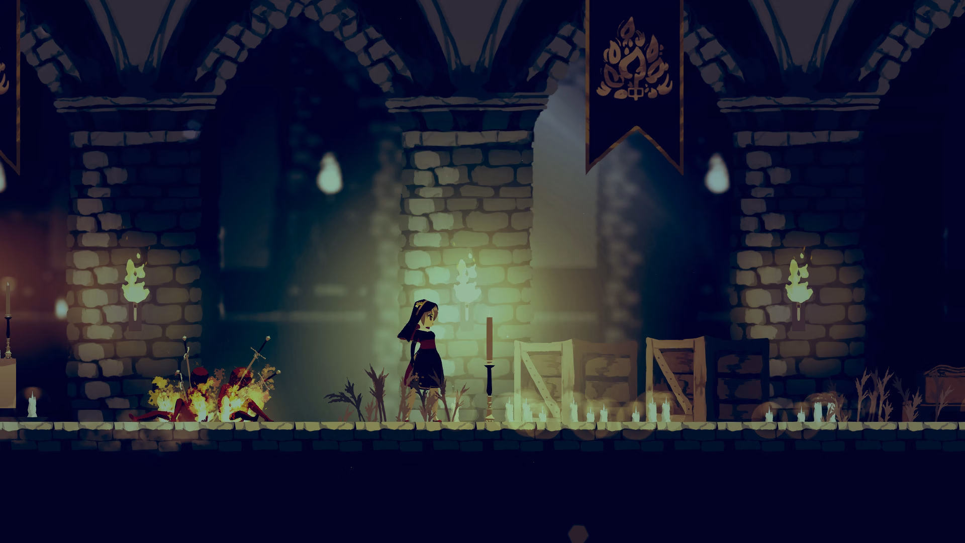 Minoria places Sister Semilla beneath stone arches and green flames in a candlelit Gothic interior.