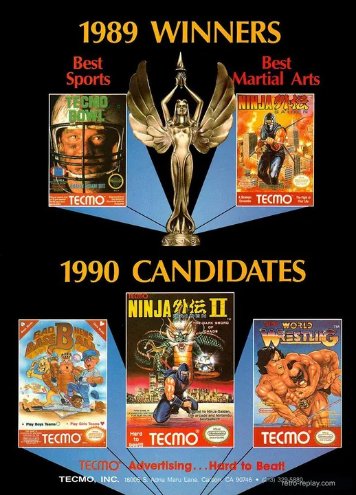 Tecmo NES advertisement with gold trophies, Tecmo Bowl, Ninja Gaiden, and Ninja Gaiden II