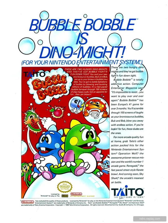 Print advertisement: Bubble Bobble (May, 1989) (Nintendo Entertainment System)