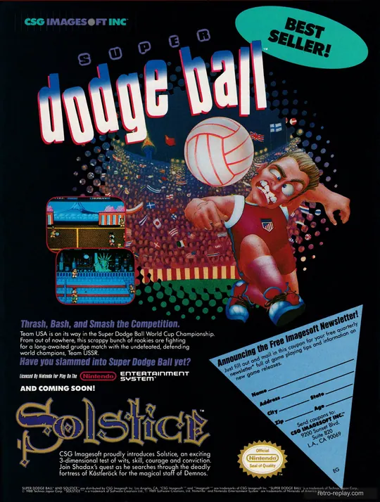 Print advertisement: Super Dodge Ball (March, 1990) (01) (Nintendo Entertainment System)