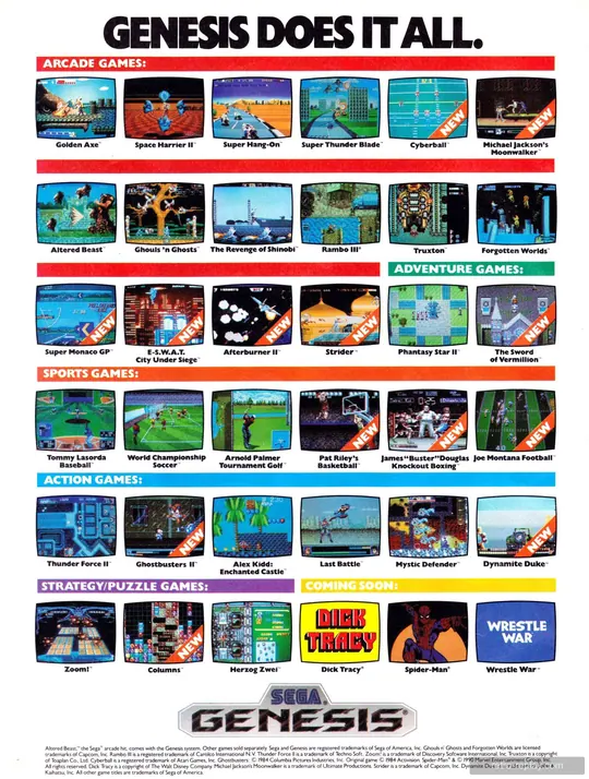 Sega Genesis advertisement with rows of game screenshots grouped into genres