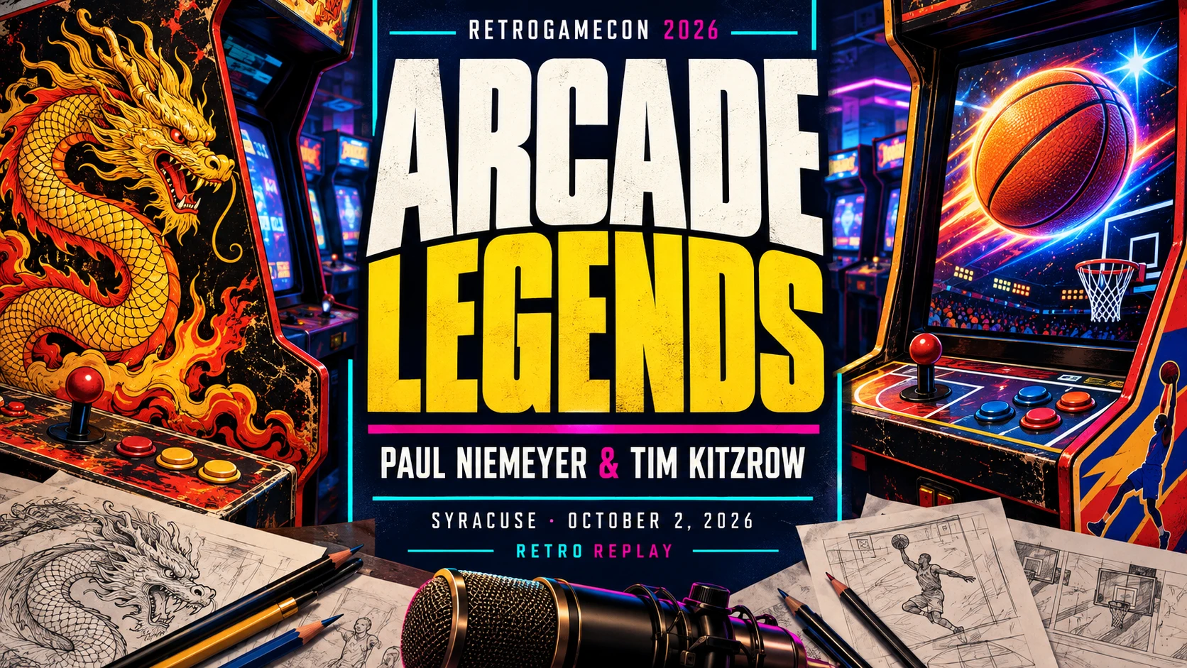 Arcade Legends editorial cover with a dragon emblem, basketball, microphone, and artist pencils for Paul Niemeyer and Tim Kitzrow at RetroGameCon 2026