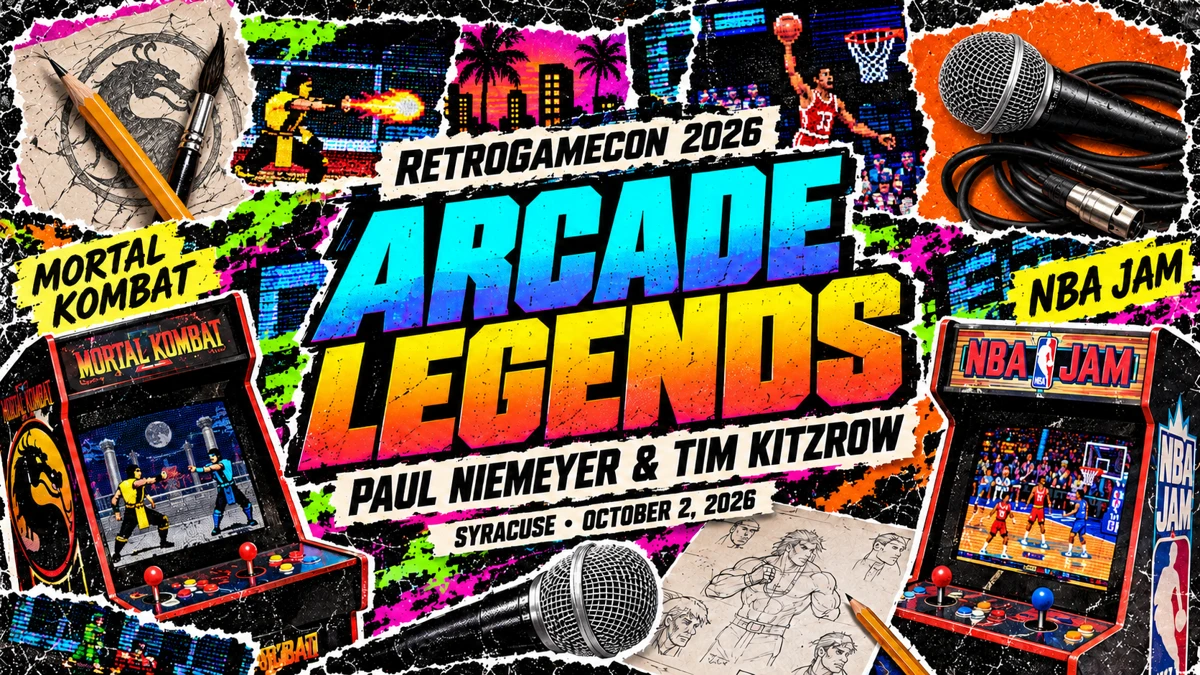 Distressed torn-paper Arcade Legends collage featuring Mortal Kombat and NBA Jam cabinets, a microphone, and artist tools, with Paul Niemeyer and Tim Kitzrow’s names
