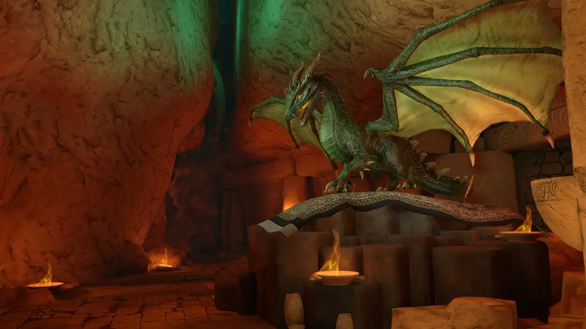 A large green dragon spreads its wings over a carved stone bridge inside Colossal Cave’s Secret Canyon