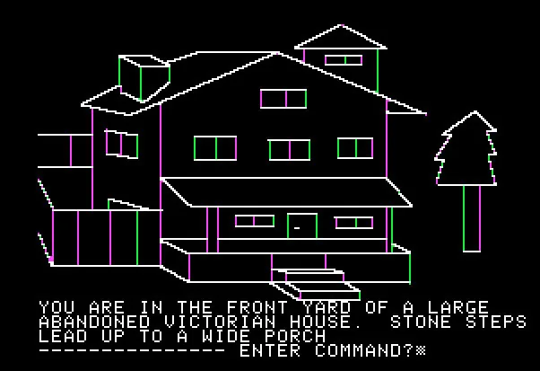 Line-drawn Victorian house and a text prompt in Mystery House on Apple II