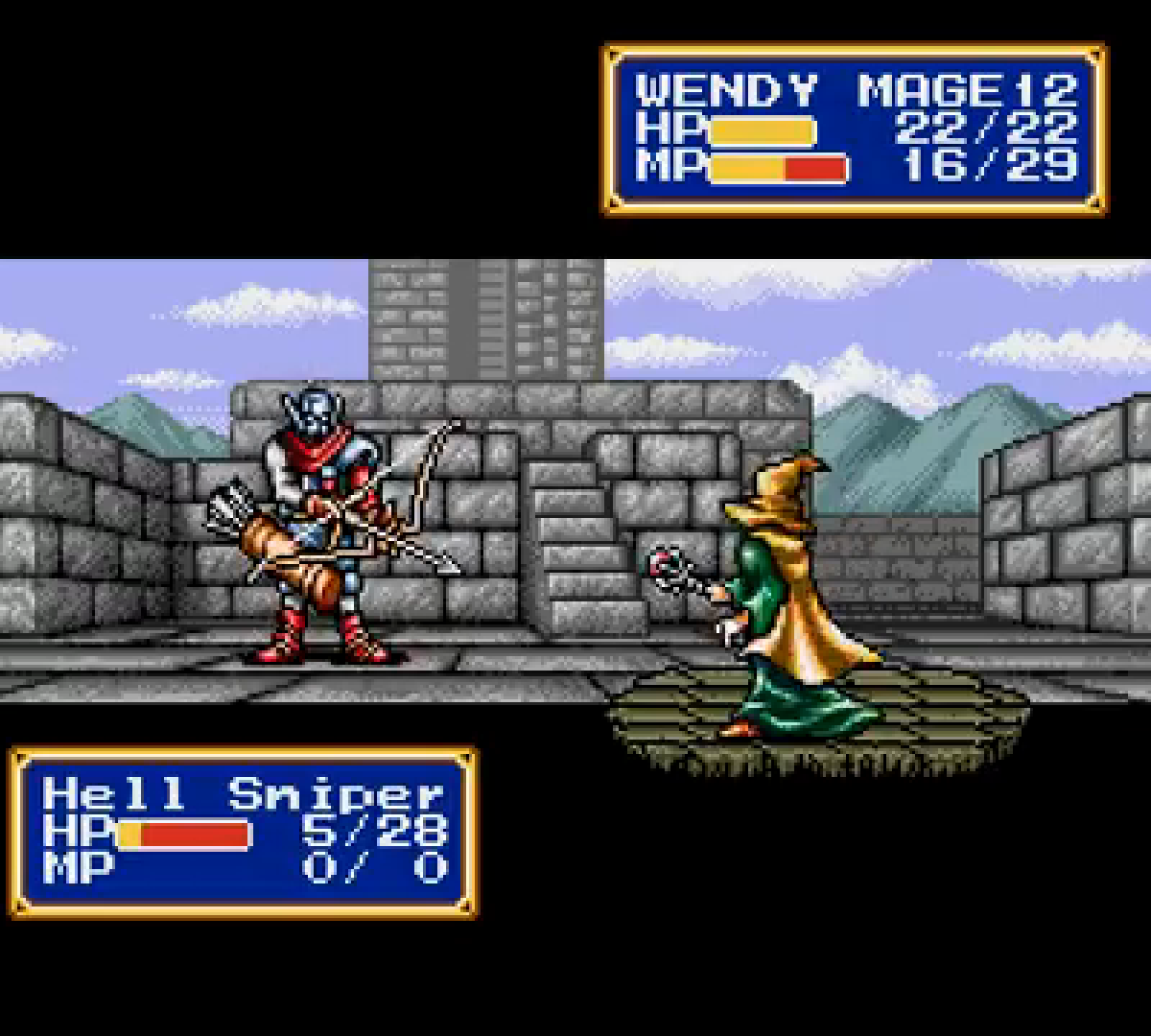 Wendy the mage faces an enemy archer in a Shining Force CD battle.