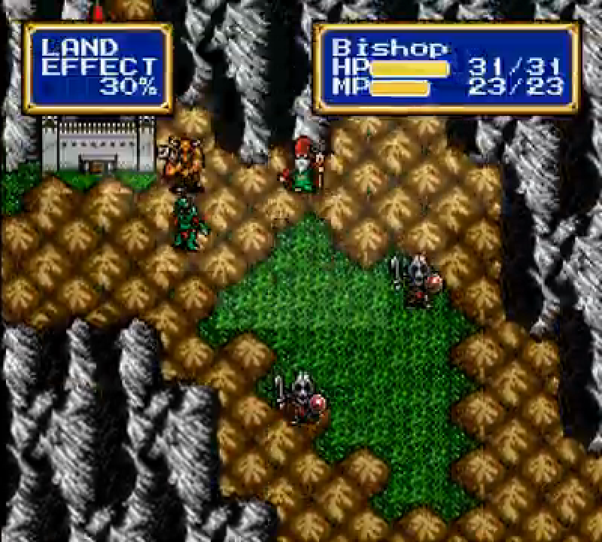 Shining Force CD units navigate a mountain battlefield with a 30 percent terrain effect.