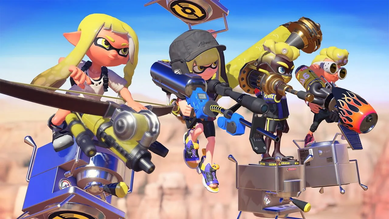 Inklings and Octolings pose with ink weapons in Splatoon 3 promotional artwork