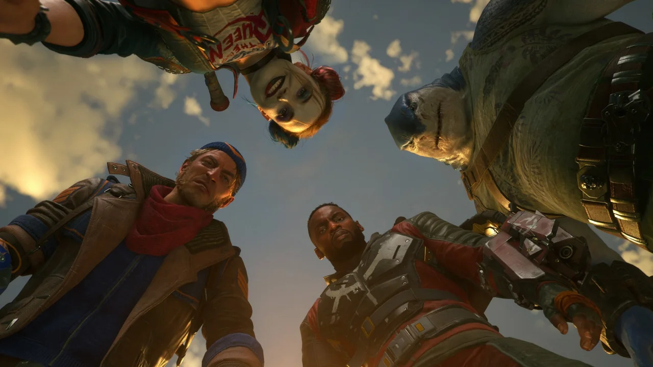 Harley Quinn and the Suicide Squad look down toward the camera