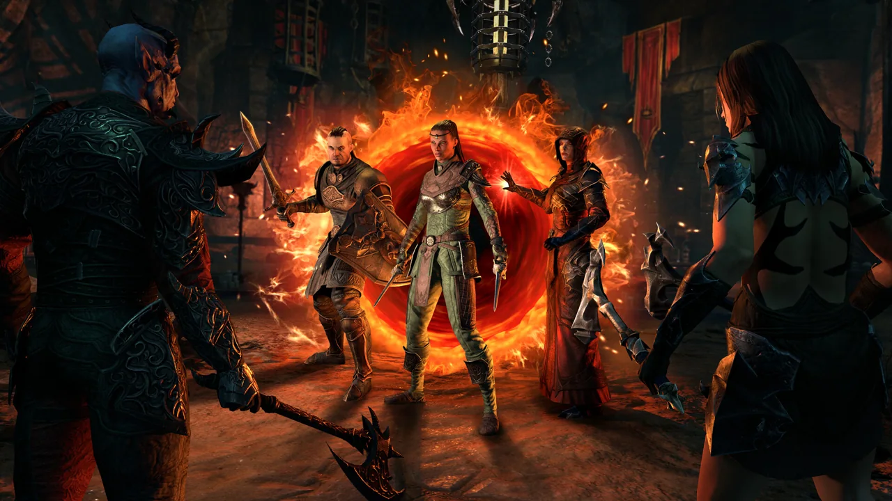 Adventurers gather around a fiery portal in The Elder Scrolls Online promotional image