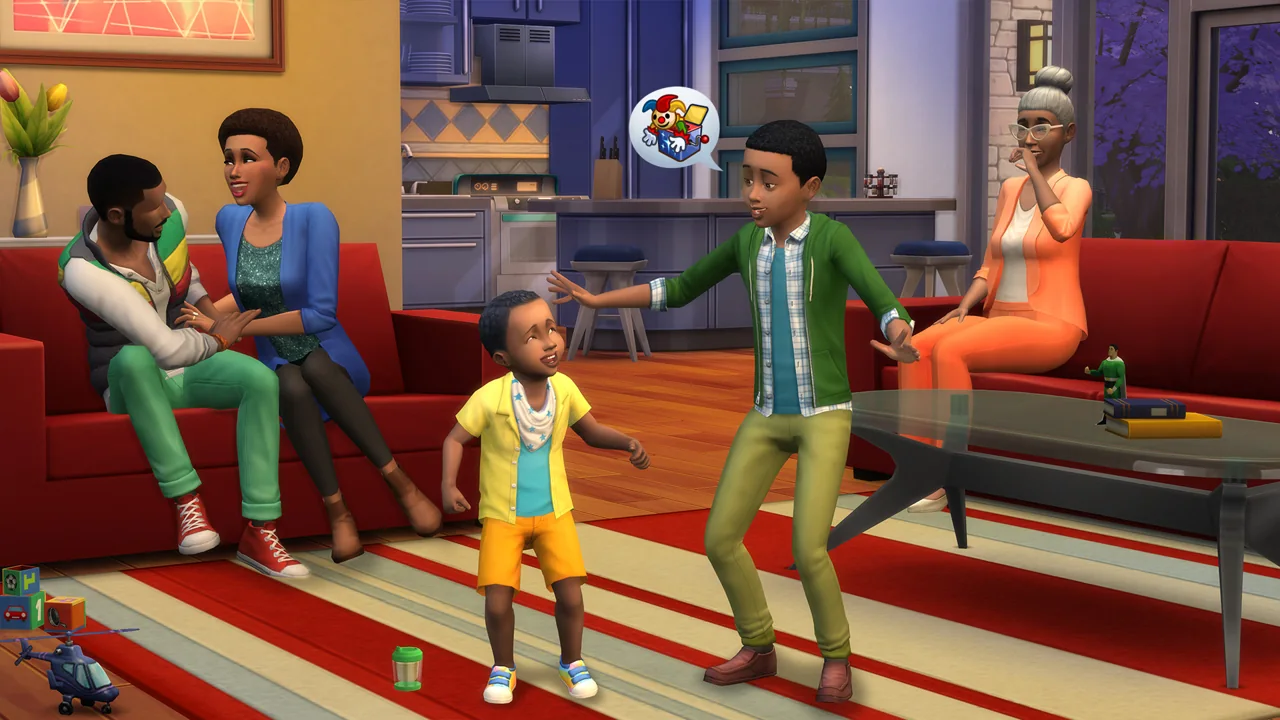 A Sims 4 household socializes in a colorful living room