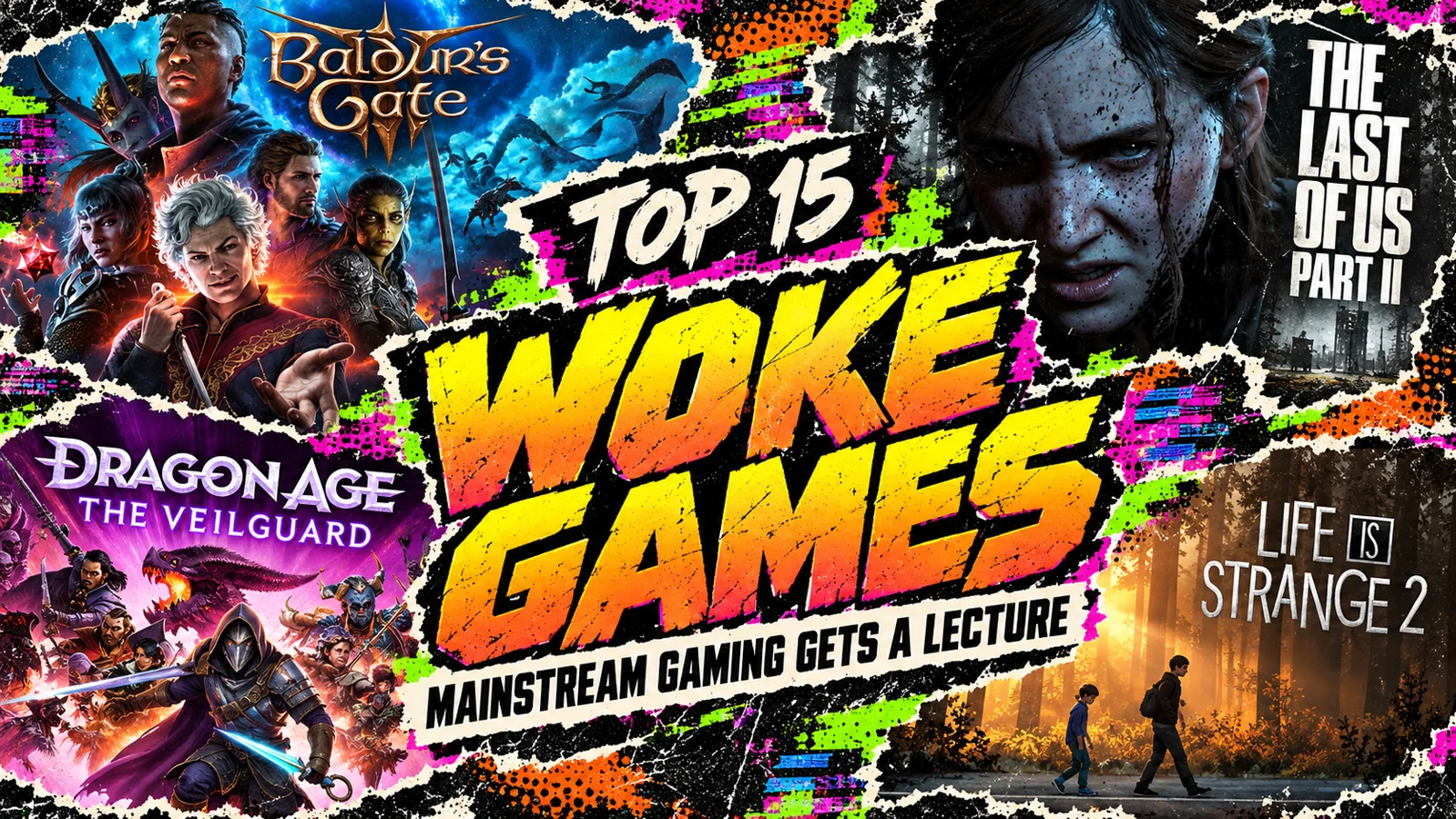 Retro Replay collage of Baldur’s Gate III, The Last of Us Part II, Dragon Age The Veilguard and Life Is Strange 2 around the headline Top 15 Woke Games