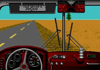 Desert Bus dashboard facing a straight road through an empty desert